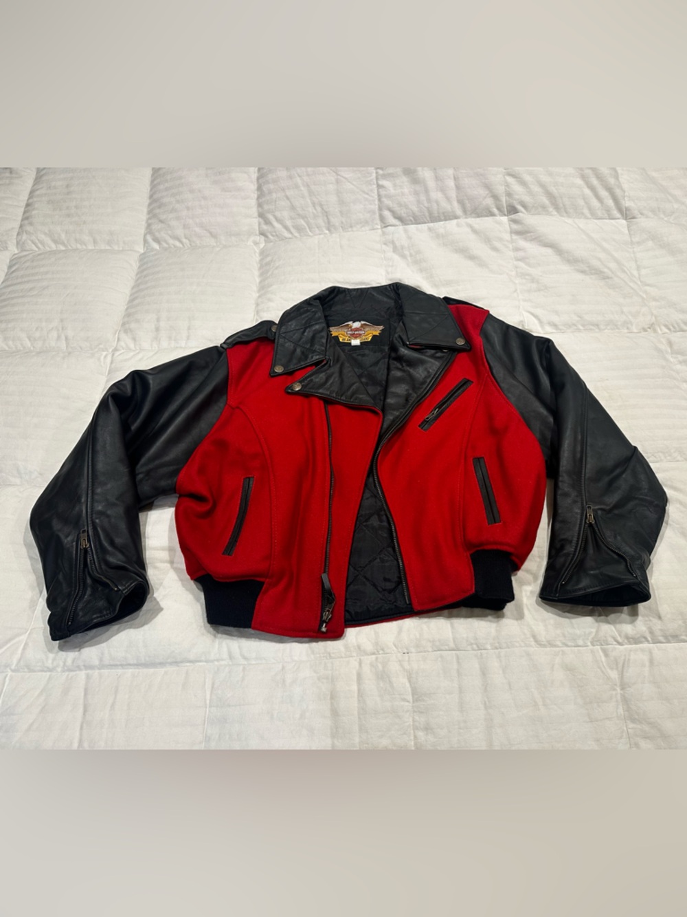 Harley-Davidson Red and Black Leather-Sleeve Varsity Bomber
